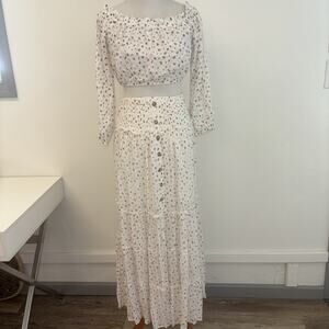 Women’s White Floral Maxi Sz Med Two Piece Set Off Shoulder Crop Top Skirt Linen